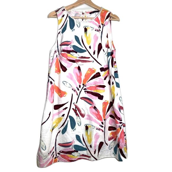 M&S Womens Sheath Dress Multicolor Floral Lined Crew Button Keyhole Pompom 10 - Picture 1 of 10